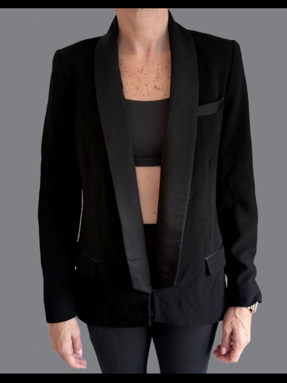 Haute Hippie HH Tuxedo Blazer Womens 4 Black Shawl Collar Satin Trim Open Front